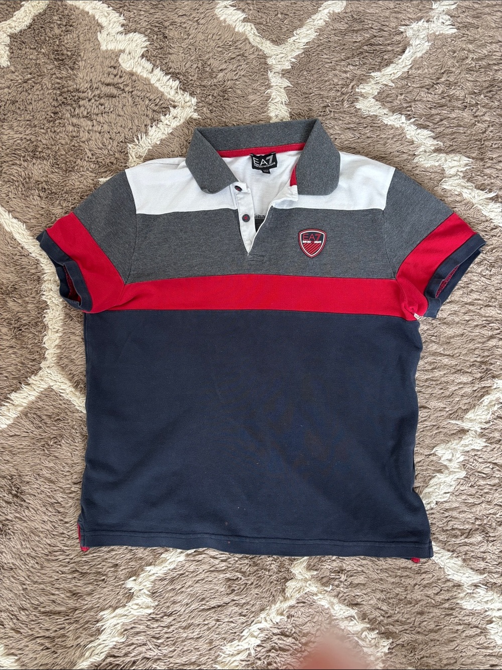 EA7 Men Striped Polo Shirt in Navy, Gray & Red